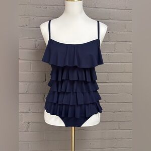 Michael Kors navy blue ruffled tiered one piece swimsuit